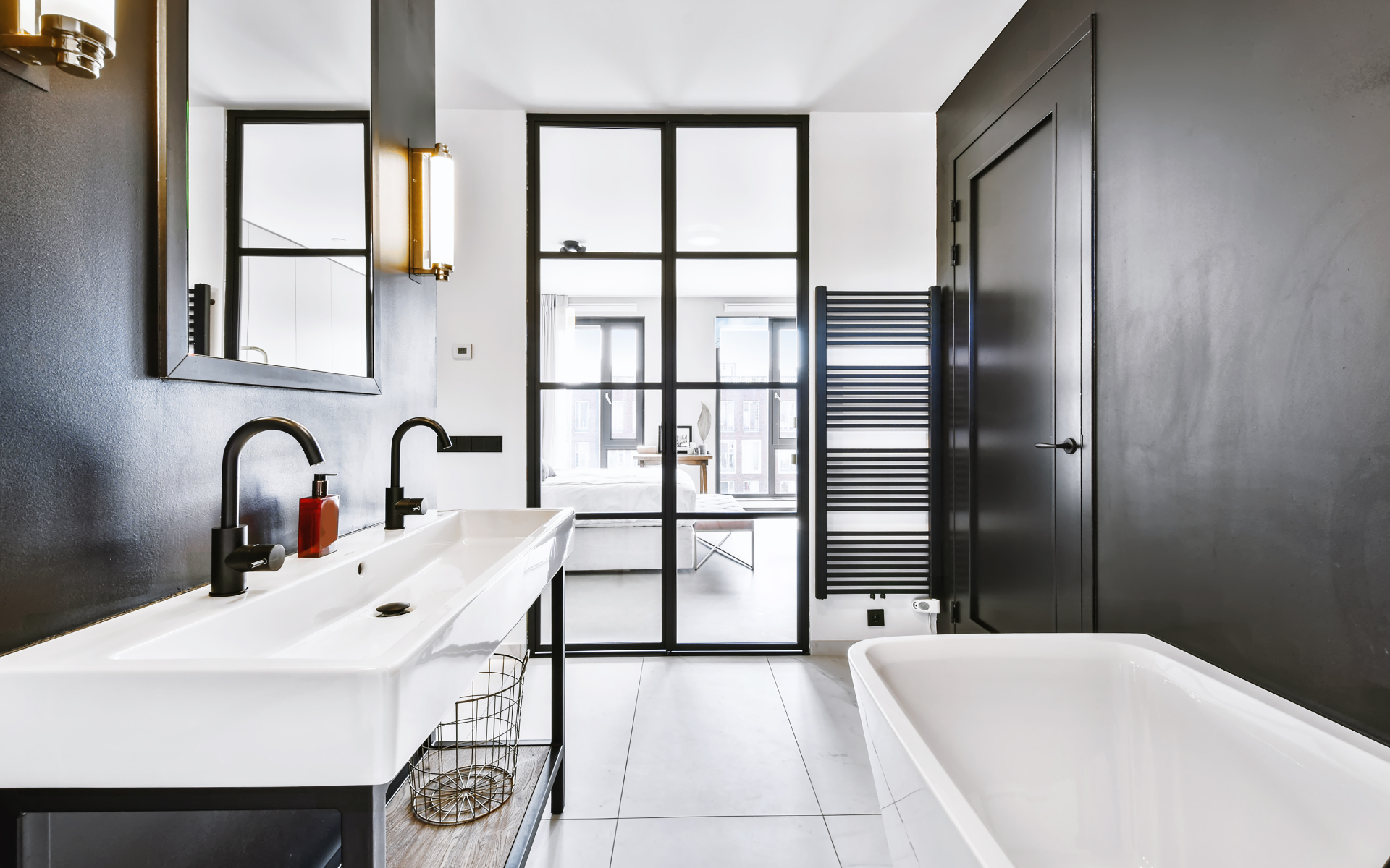 Classy, elegant bathroom with tub, and vanity