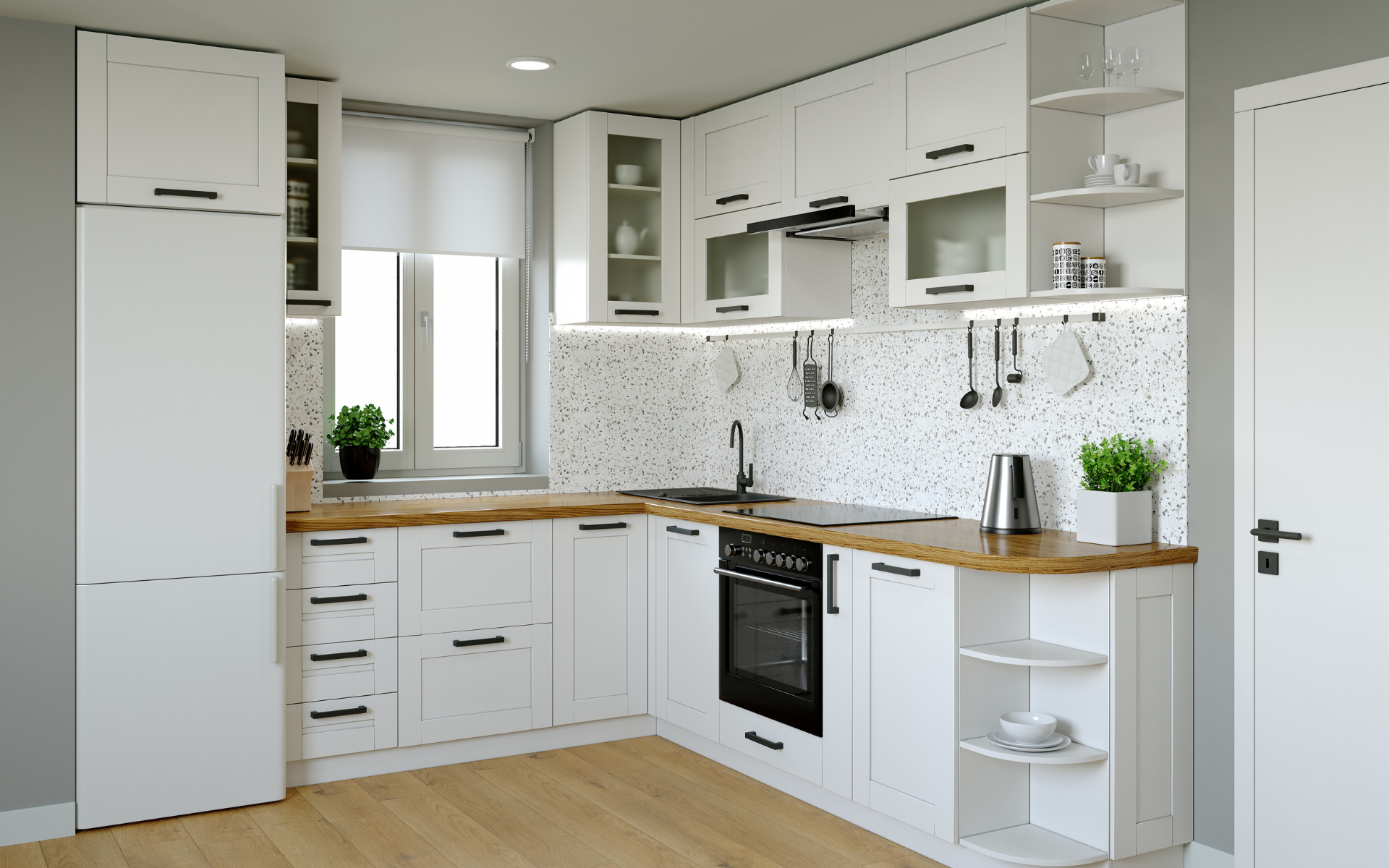 Kitchen with white cabinets and open shelving, and wood countertop